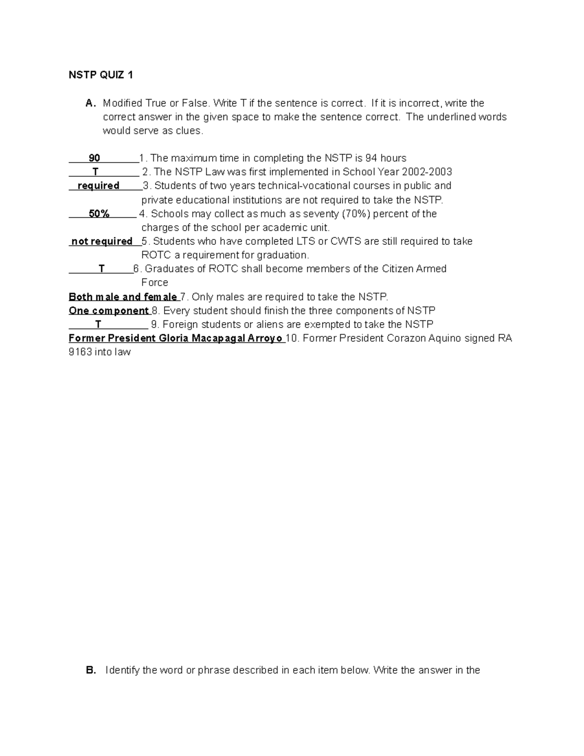 NSTP QUIZ 1 - Modified True or False Questions and Answers - Studocu
