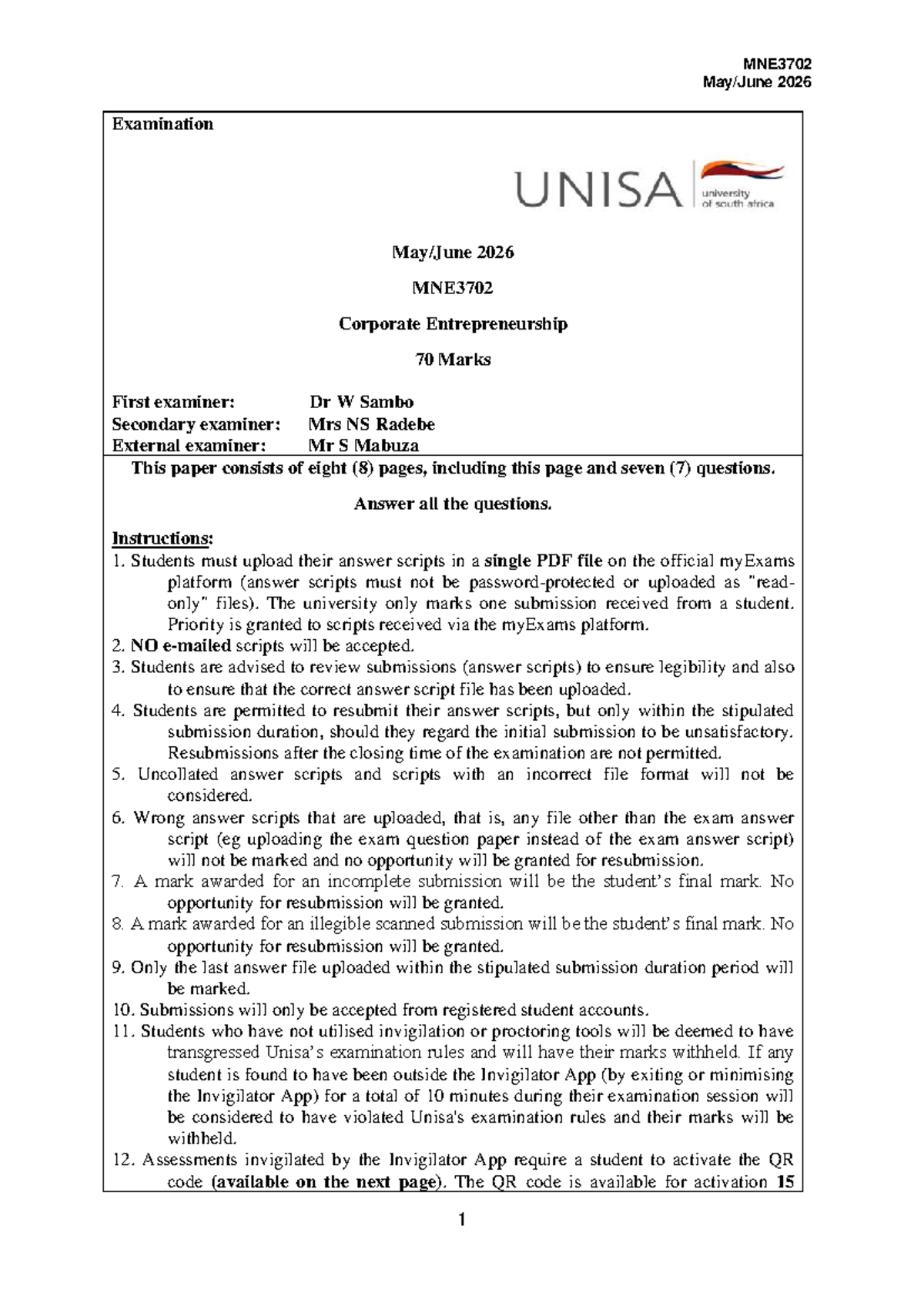 MNE3702 Final Exam Instructions - May/June 2026 - Studocu