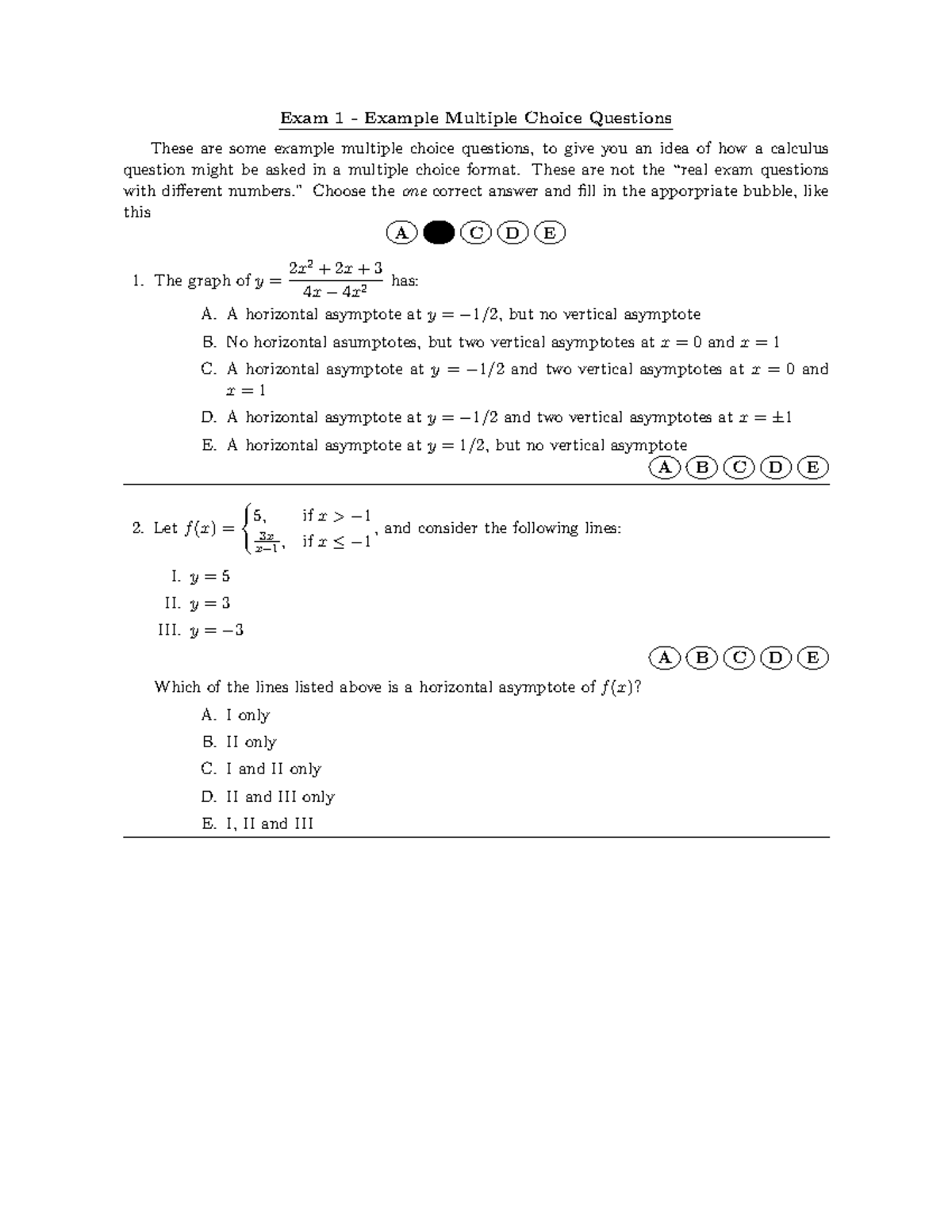 Exam 1 MCQ Practice Problems for Calculus - Studocu