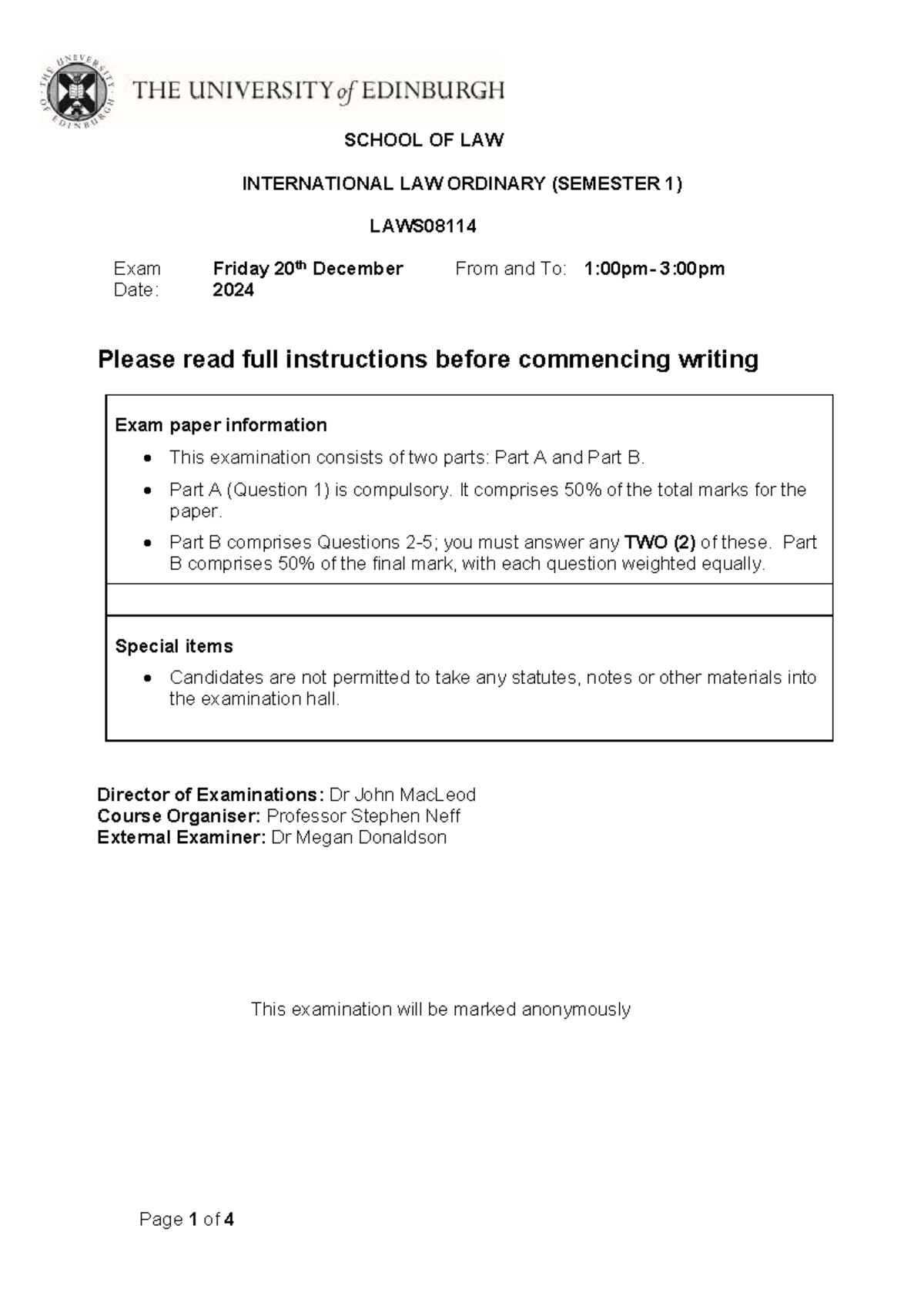 LAWS08114 International Law Exam Paper - Semester 1 2024 - Studocu