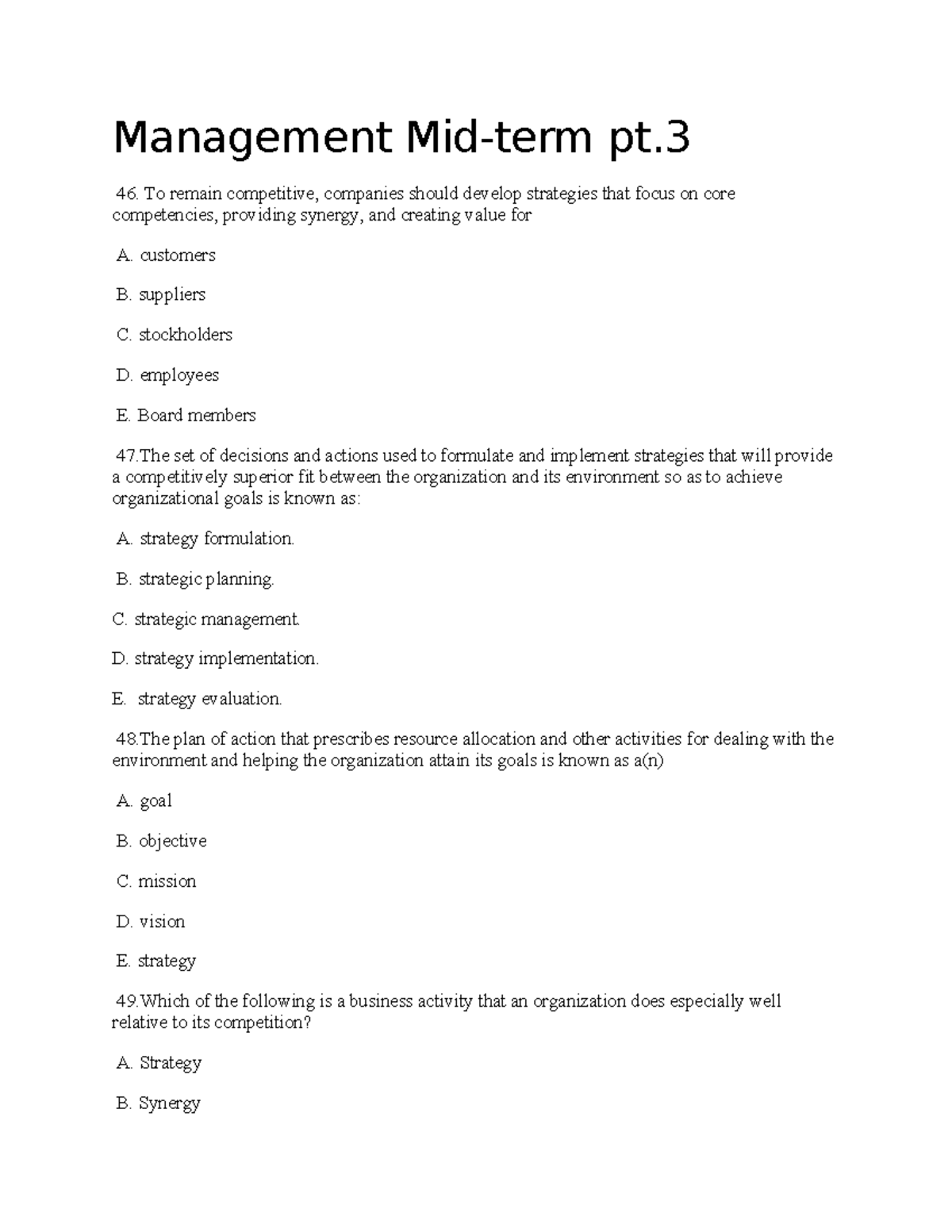 Management Strategies and Concepts - pt.3 (Course Code: MGT 101) - Studocu
