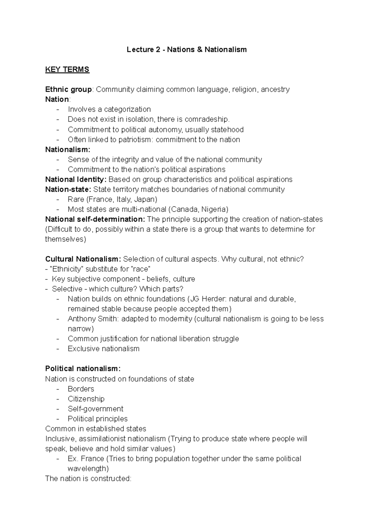 Poli Sci 1025 Lecture 2: Key Terms on Nations and Nationalism - Studocu