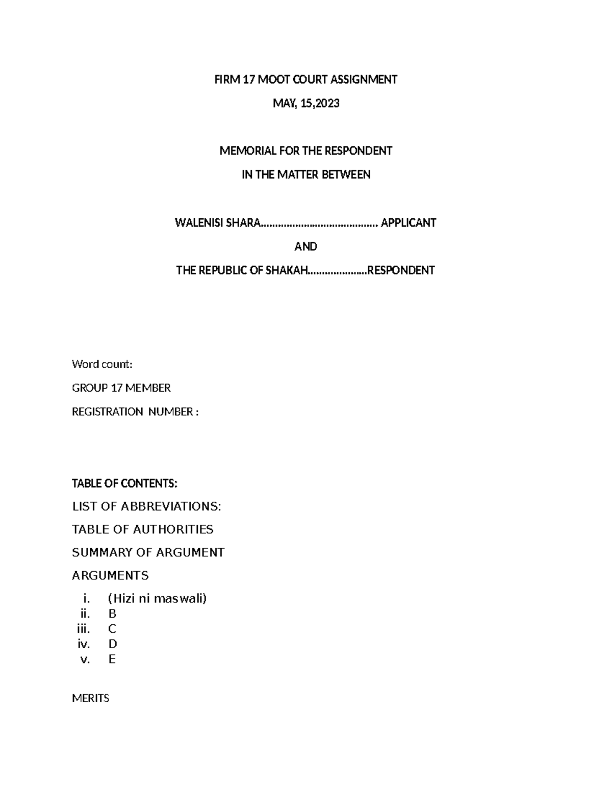 FIRM 17 Moot Court Assignment: Memorial for Respondent - Walenisi Case ...