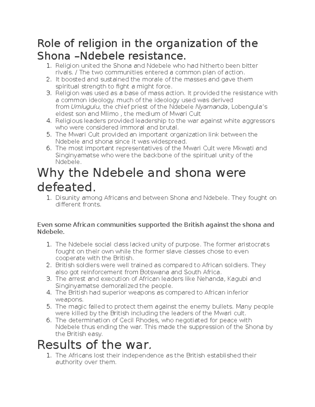 121 - The Role of Religion in Shona-Ndebele Resistance Notes - Studocu