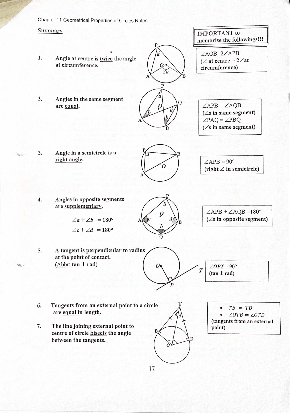 E Math Chapter 11 Summary: Geometrical Properties of Circles - Studocu