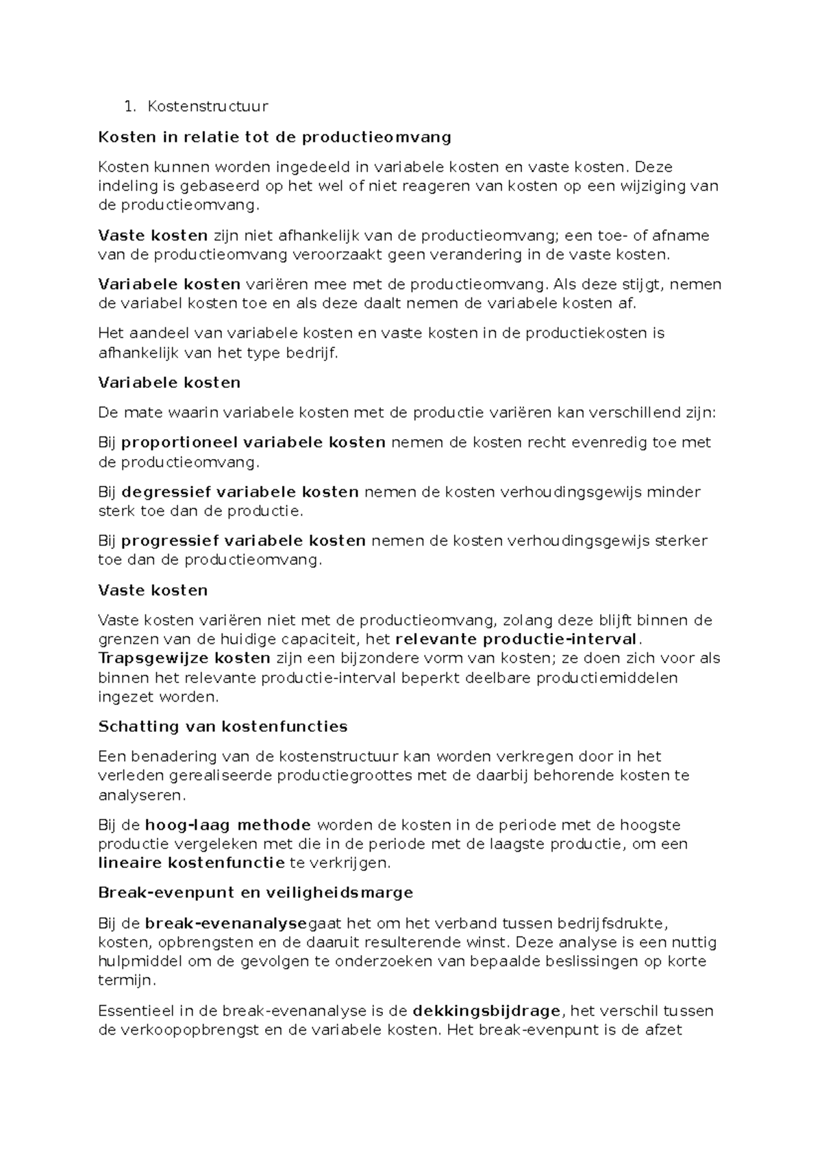 MA Kostenstructuur en Budgettering Samenvatting - Studeersnel