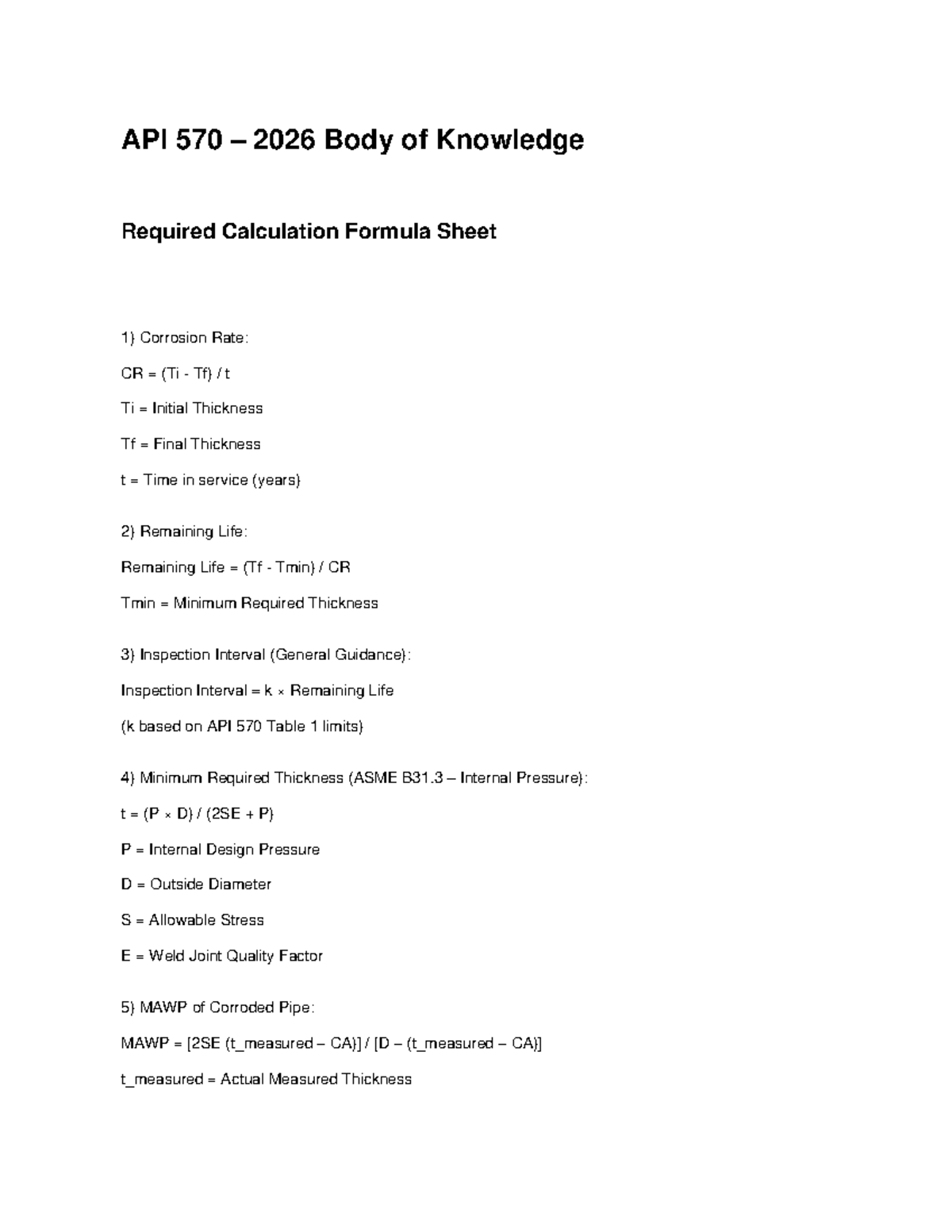 API 570 2026 Corrosion Calculation Formula Sheet - Studocu