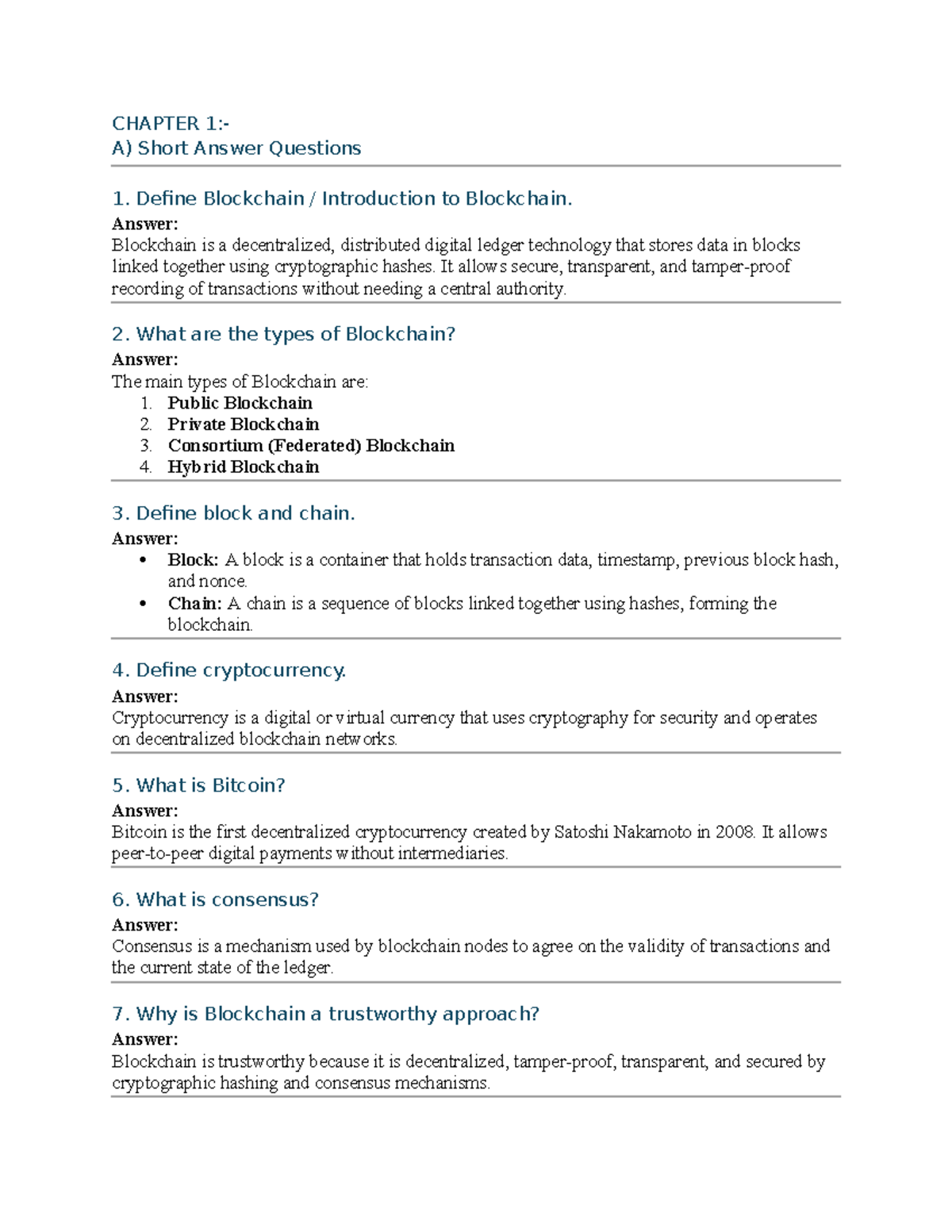 CHAPTER 1: Blockchain Short Answer & Long Answer Questions - Studocu