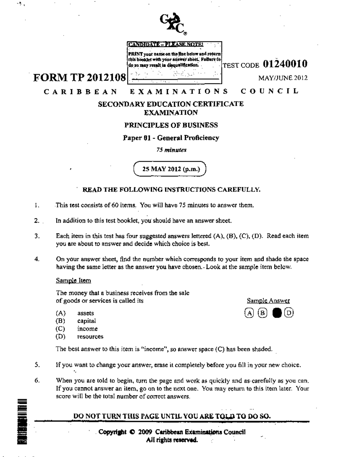 CSEC POB June 2012 Paper 01 Exam Guide - Studocu