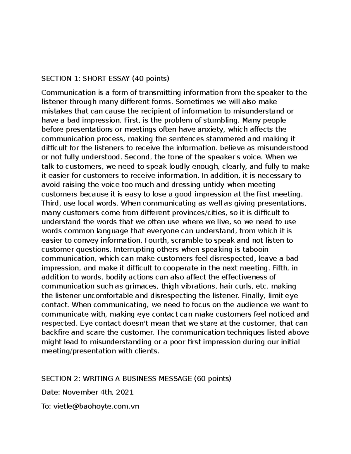 Business communication - SECTION 1: SHORT ESSAY (40 points ...