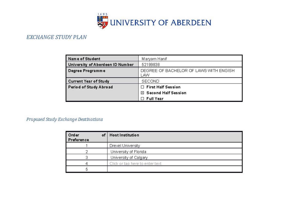 Exchange Study Plan Template for Law Students - Version 3 - Studocu
