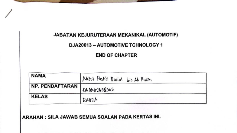 DJA20013 Automotive Technology 1 End of Chapter Review Notes - Studocu