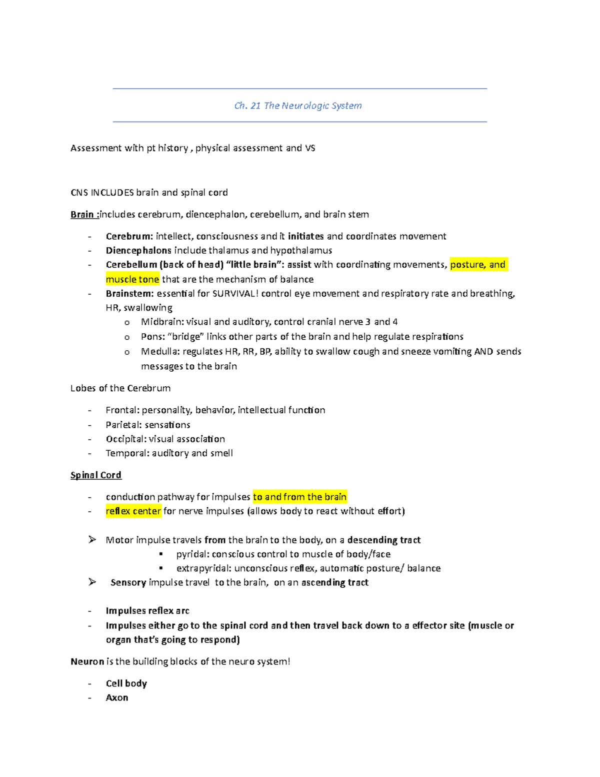 NUR 237 - Final Exam Study Notes on Ch. 21: The Neurologic System - Studocu