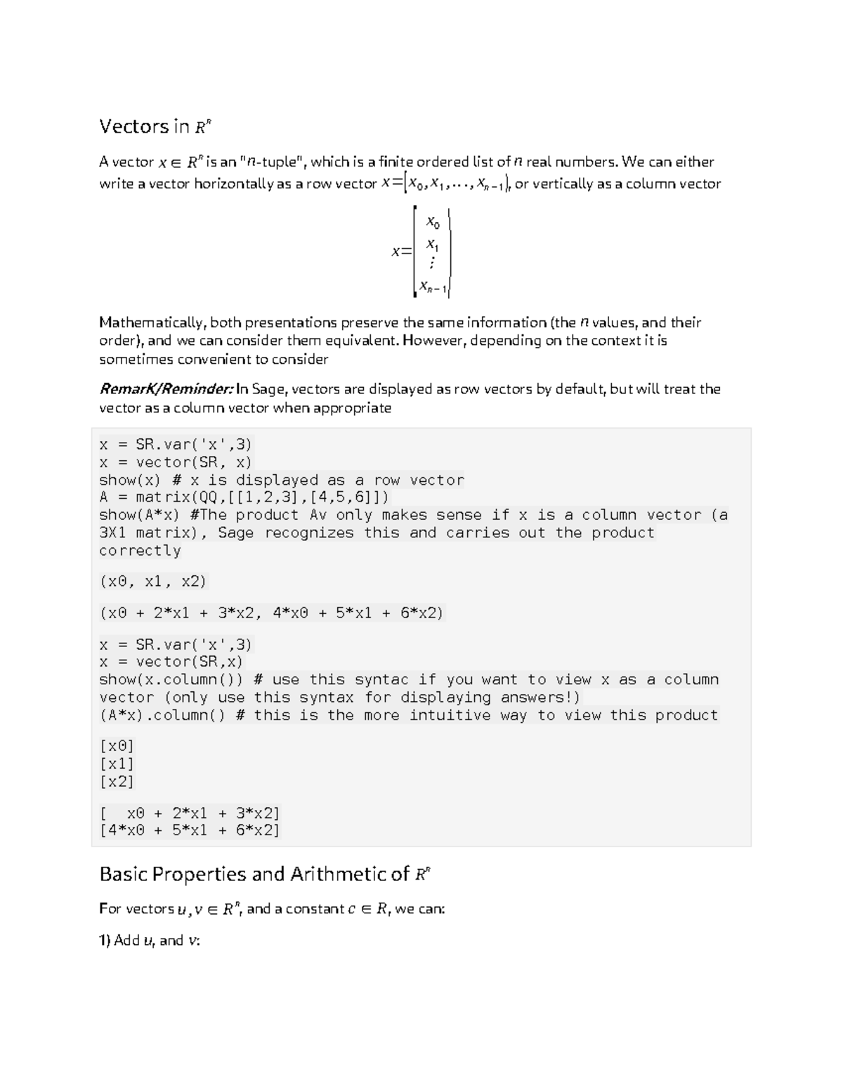 Vectors in Rn: Basic Properties and Matrix Arithmetic - Week 2 Notes ...