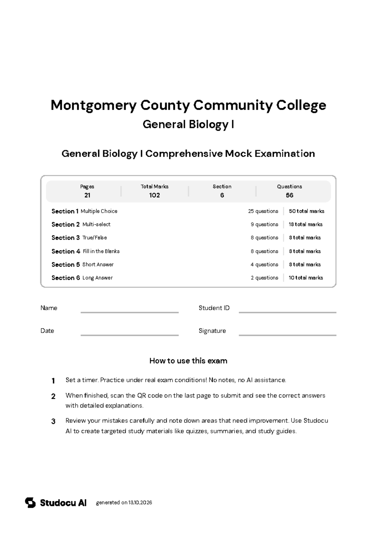 General Biology I Comprehensive Mock Exam - Studocu