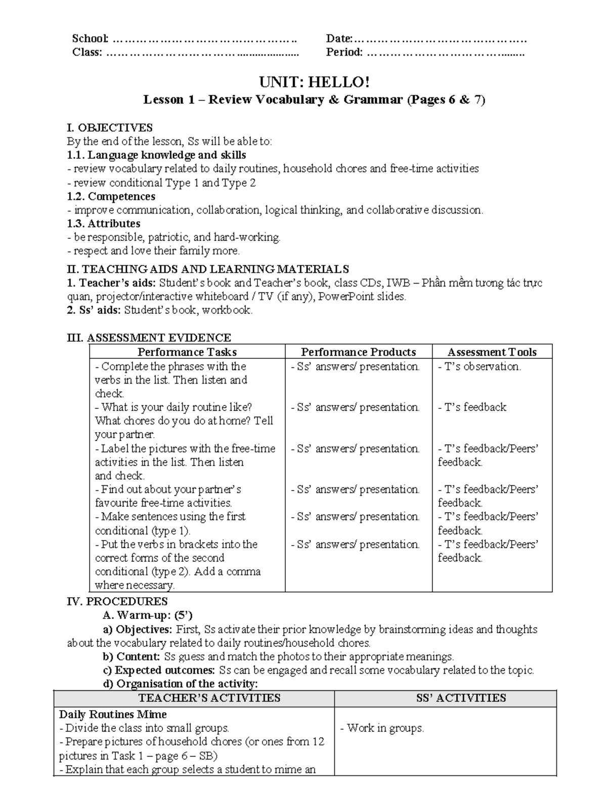 Unit Hello - Lesson 1 Review: Vocabulary & Grammar (Pages 6-7) - Studocu
