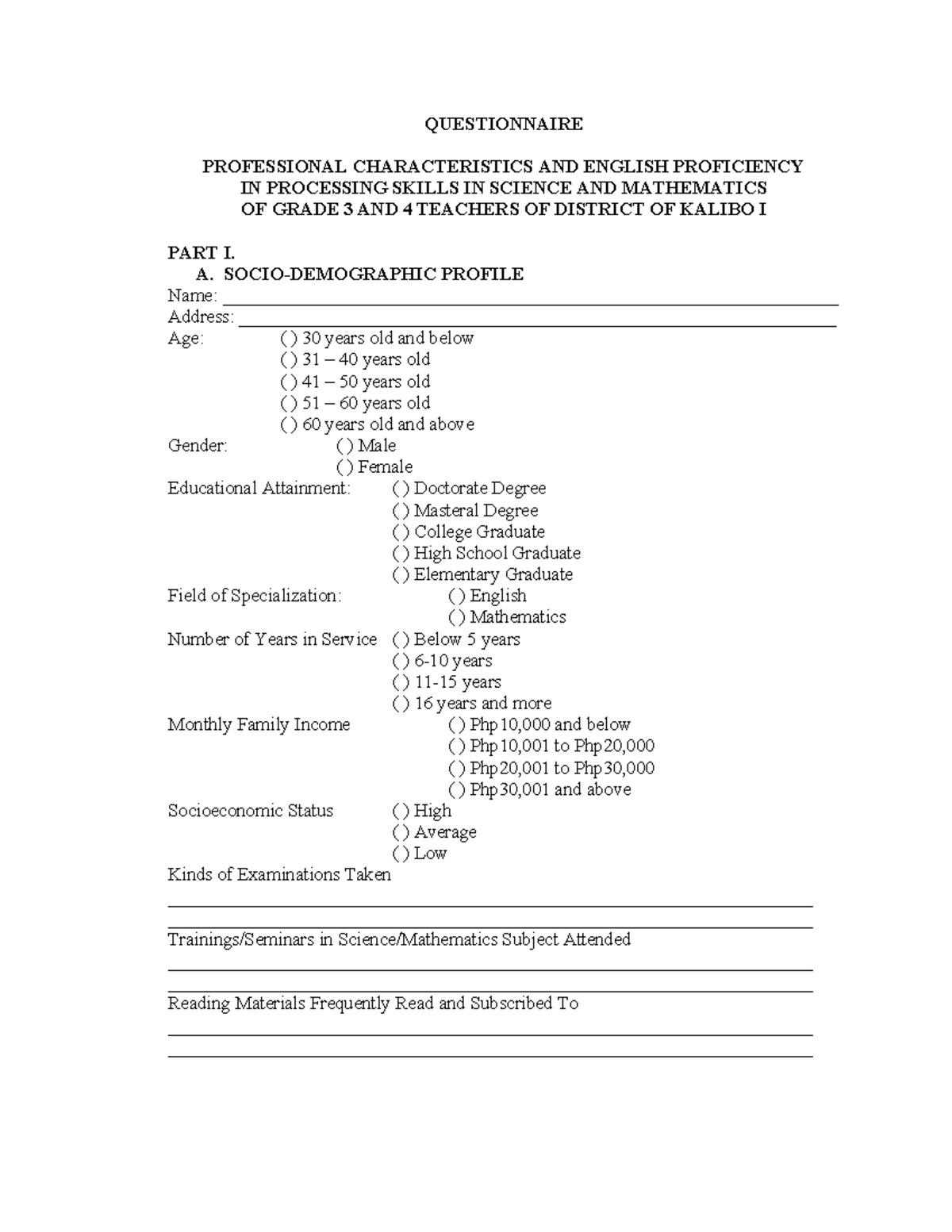 Questionnaire - PROFESSIONAL CHARACTERISTICS AND ENGLISH PROFICIENCY IN ...