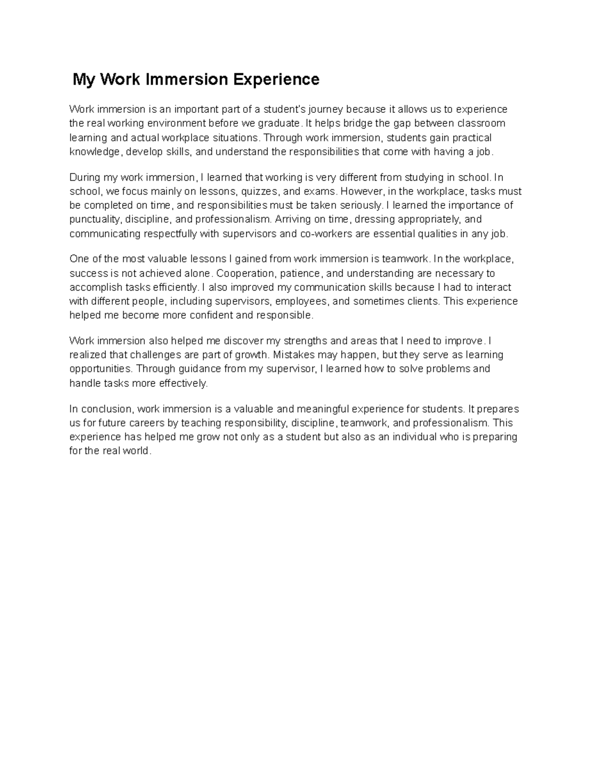Work Immersion Reflection: Lessons in Professionalism and Teamwork ...