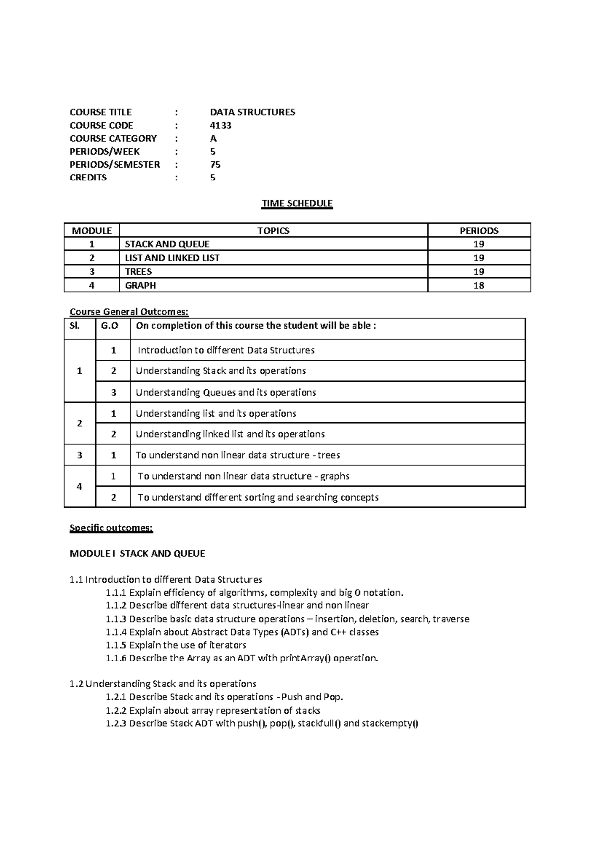 4133 - Lecture notes 4 - COURSE TITLE : DATA STRUCTURES COURSE CODE ...
