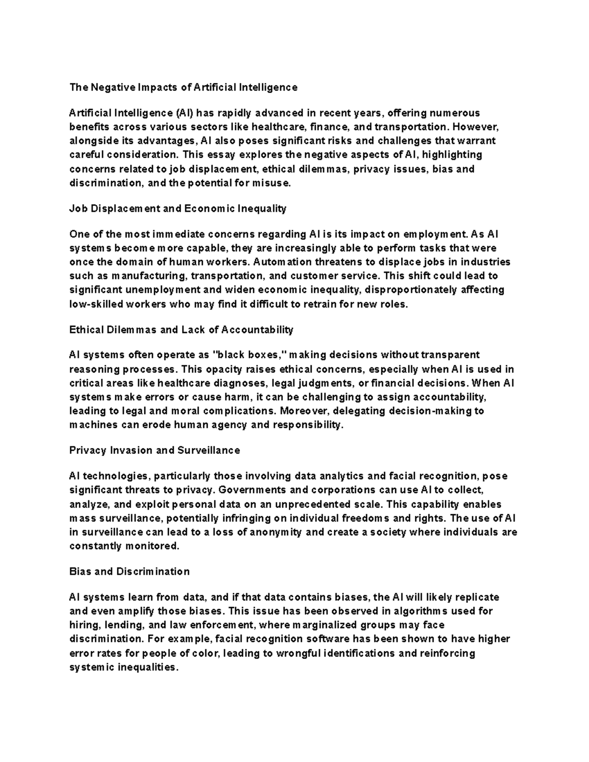 Ai notes - The Negative Impacts of Artificial Intelligence Artificial ...