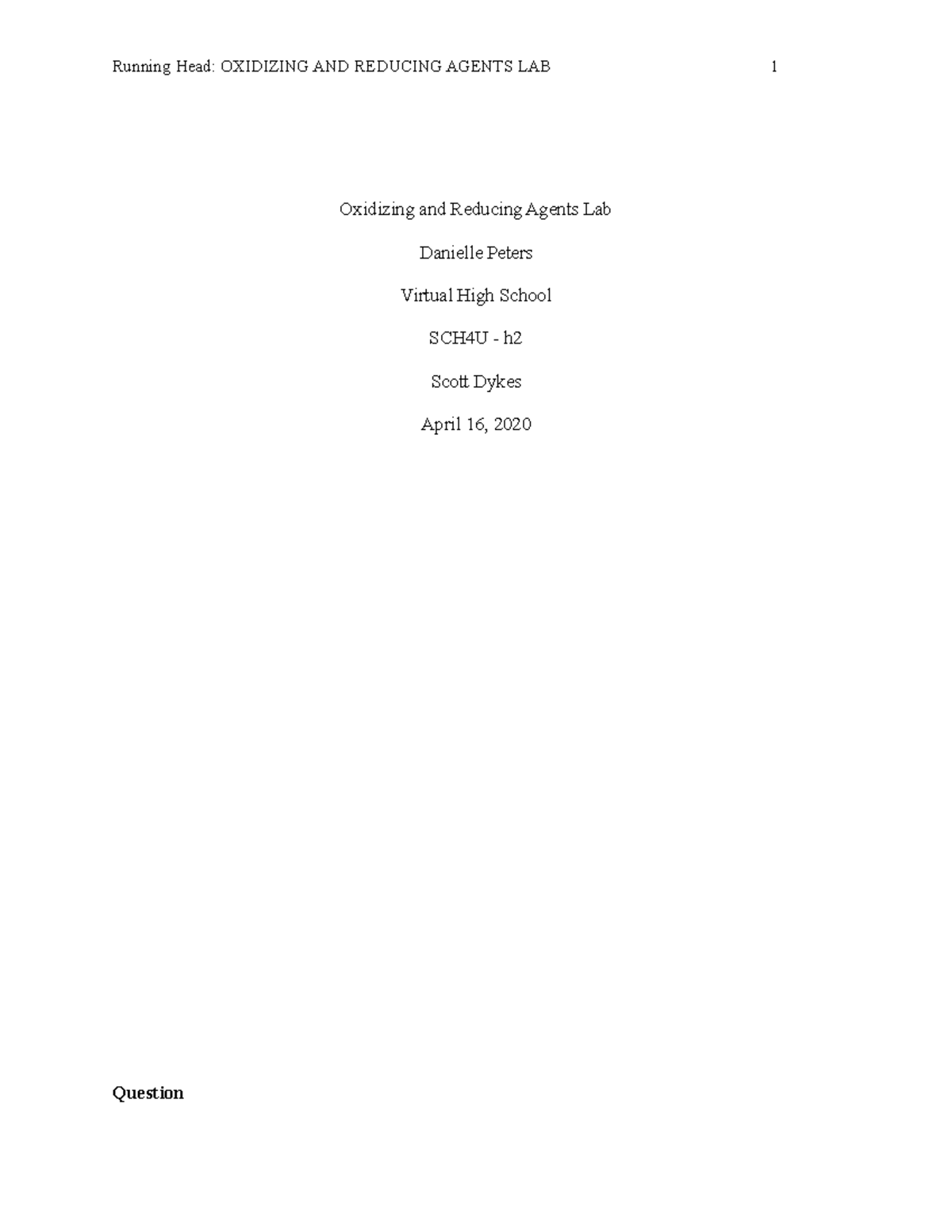 Oxidizing and Reducing Agents Lab - Running Head: OXIDIZING AND ...
