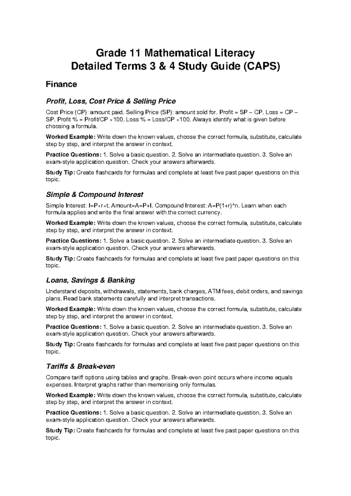 Grade 11 Maths Lit Study Guide: Terms 3 & 4 Overview (CAPS) - Studocu