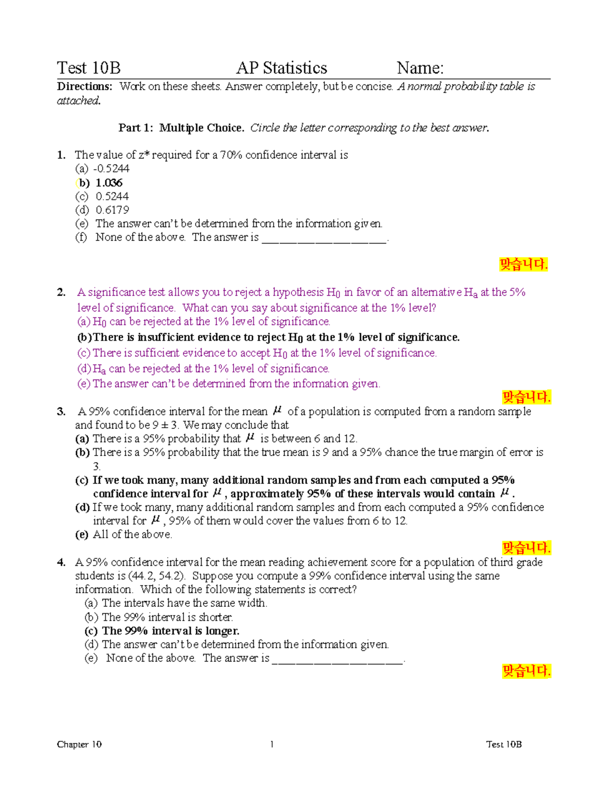 Test 10B AP Statistics Practice Test - Key Concepts and Solutions - Studocu