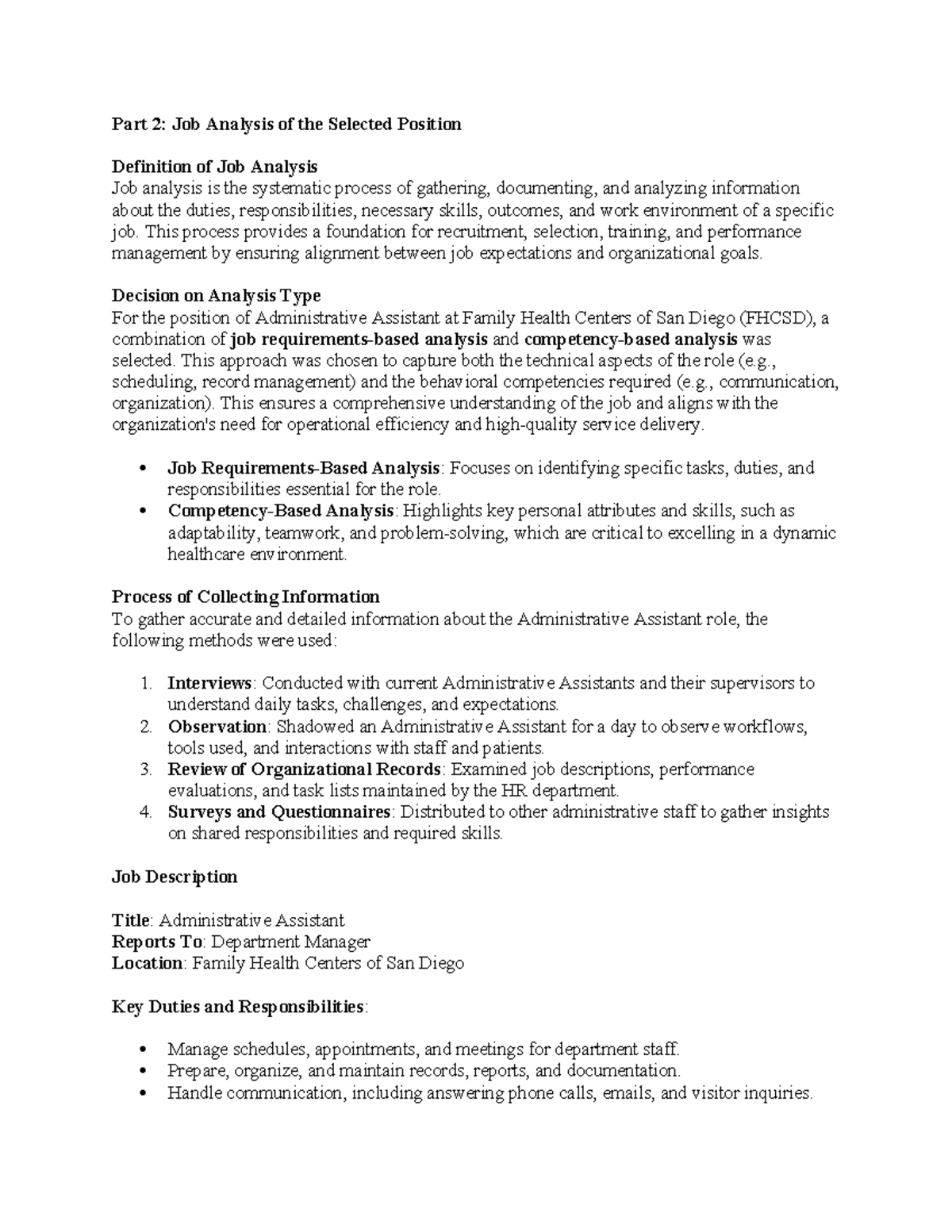 Job Analysis and Description for Administrative Assistant Position ...