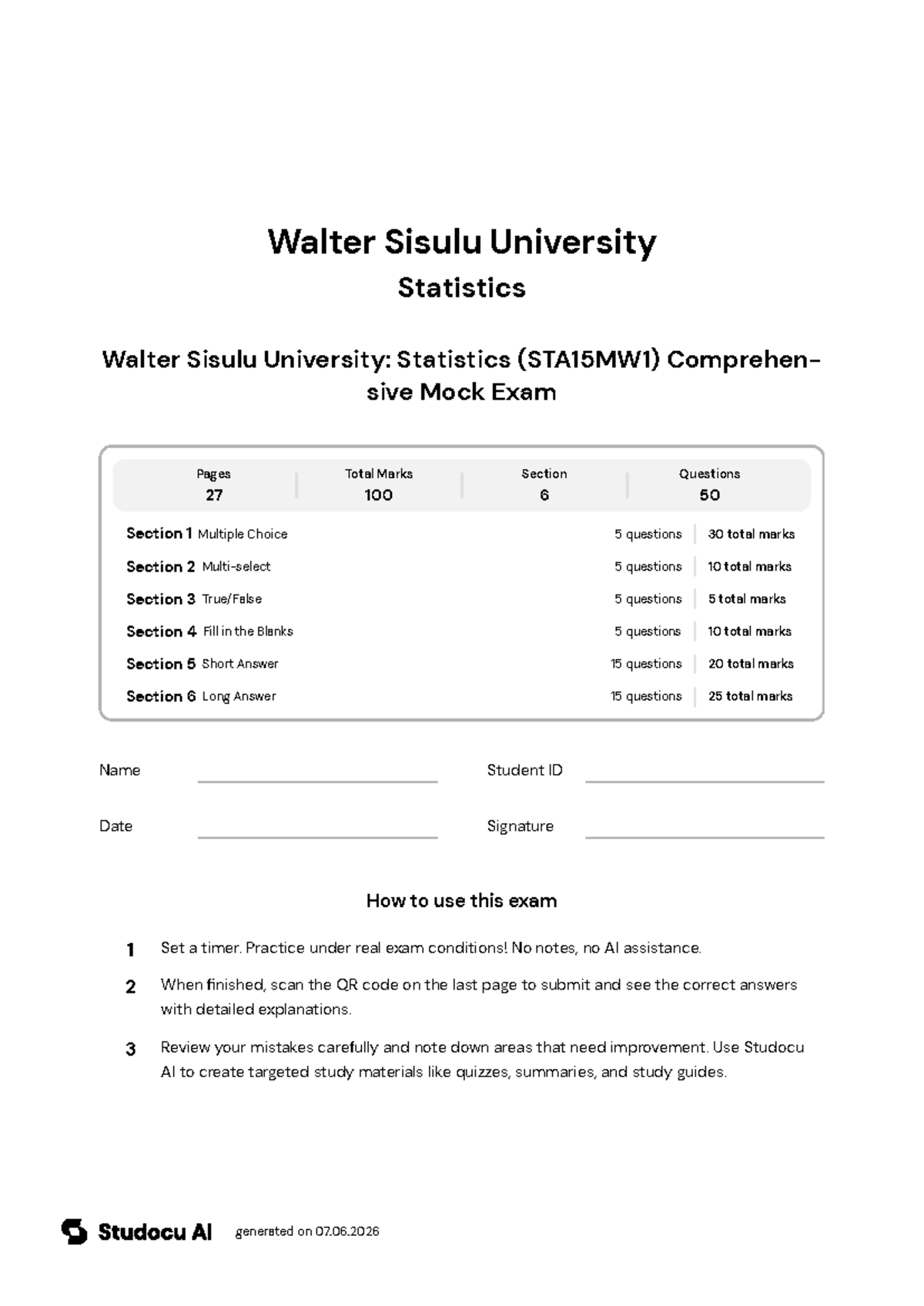 STA15MW1 Comprehensive Mock Exam - Statistics - Studocu