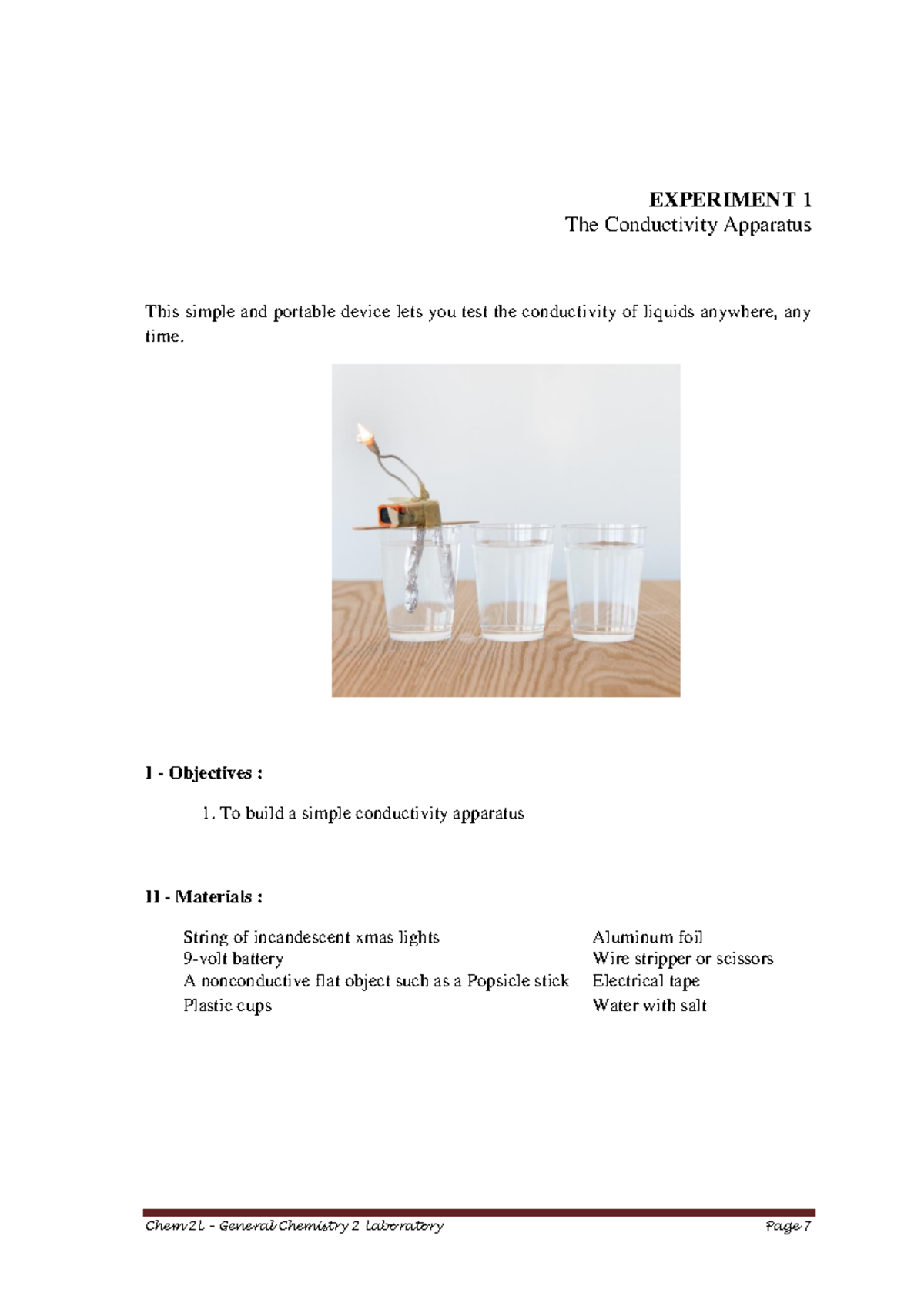 Experiment 1&2 - LAboratory activity - EXPERIMENT 1 The Conductivity ...