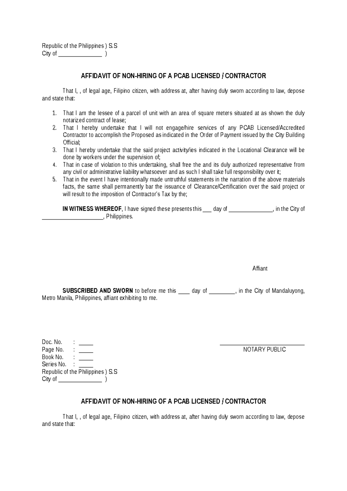 Affidavit of a PCAB Licensed Contractor - Republic of the Philippines ...