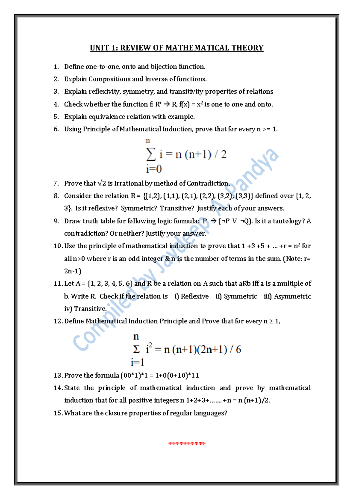 TOC: Unitwise Question Bank for Mathematical Theory & Automata (CS101 ...