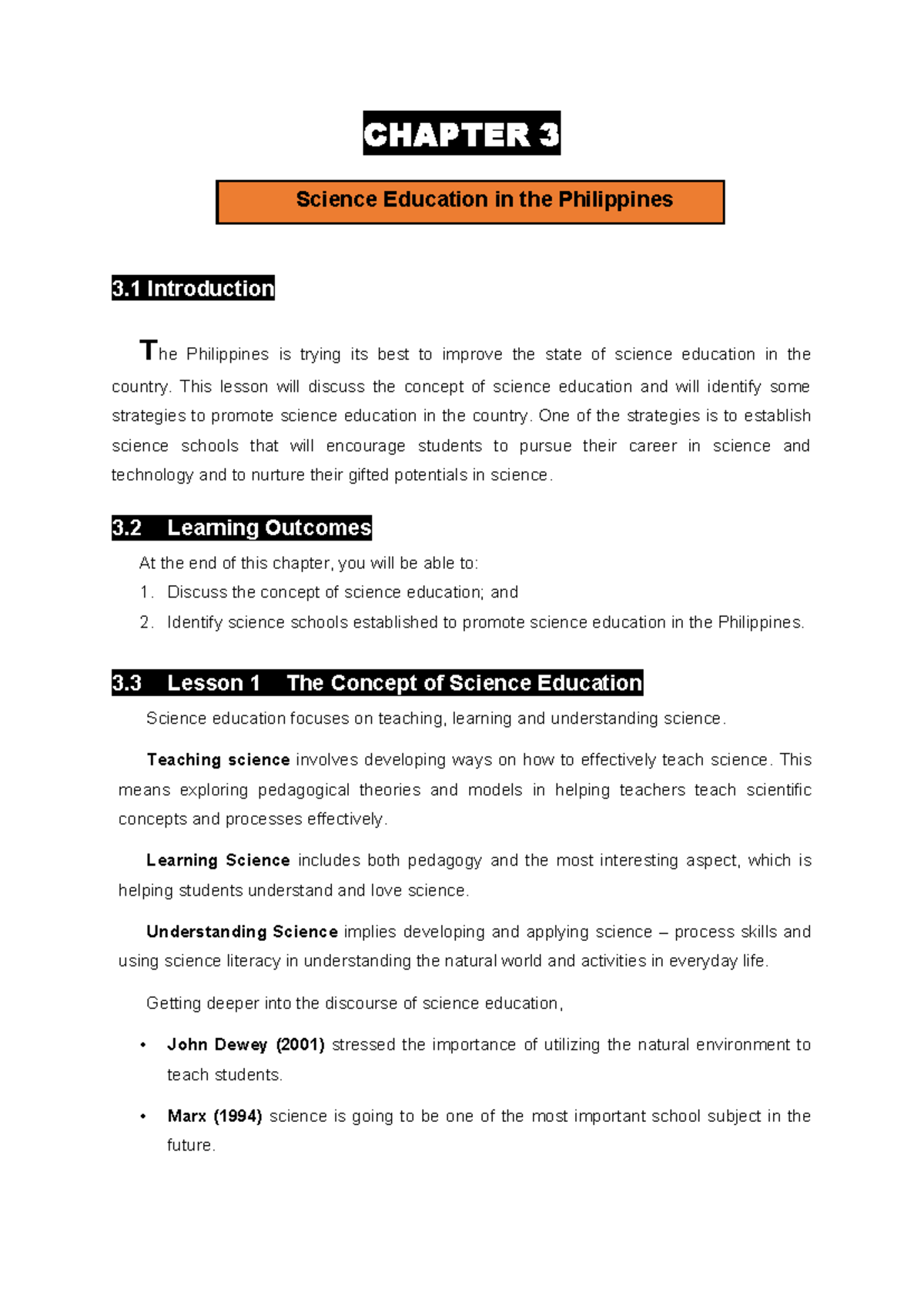 CHAPTER 3: Enhancing Science Education in the Philippines - Studocu
