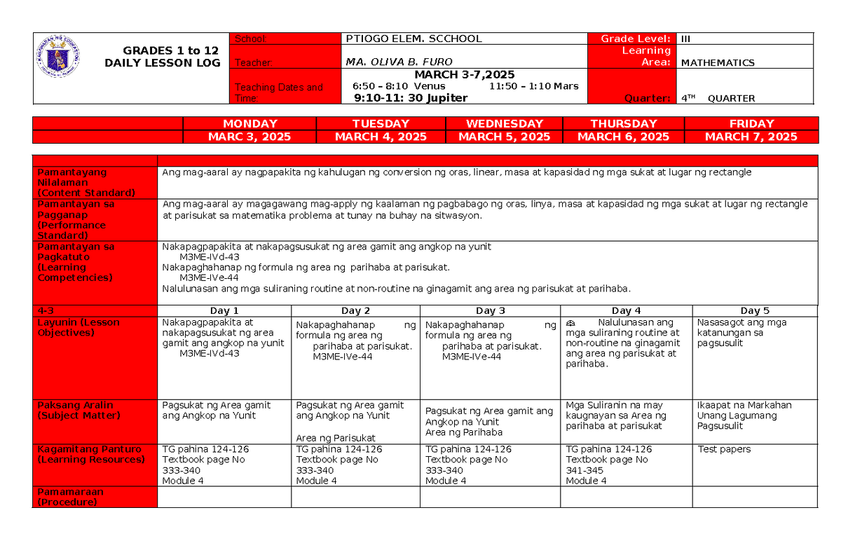 FURO DLL MATH 3 Q3 March 3-7 - GRADES 1 to 12 DAILY LESSON LOG School ...