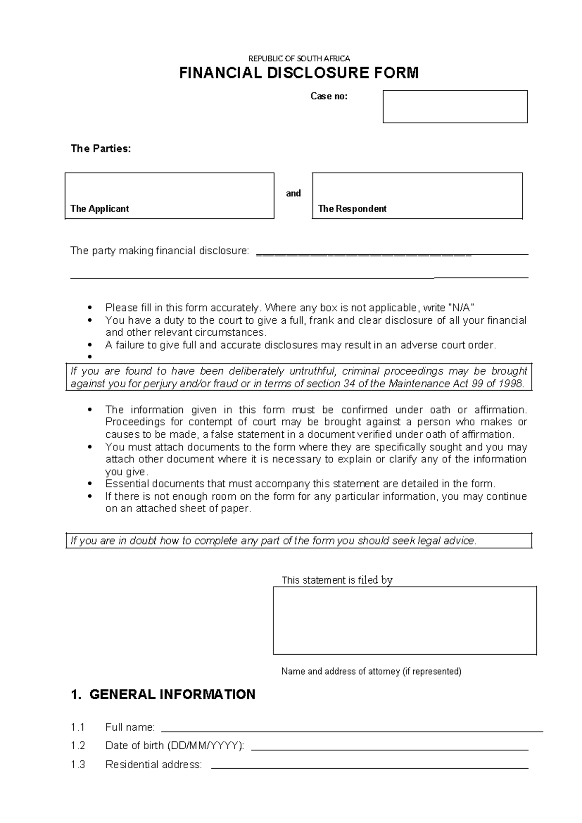 Divorce Financial Disclosure Form - Republic of South Africa - Studocu