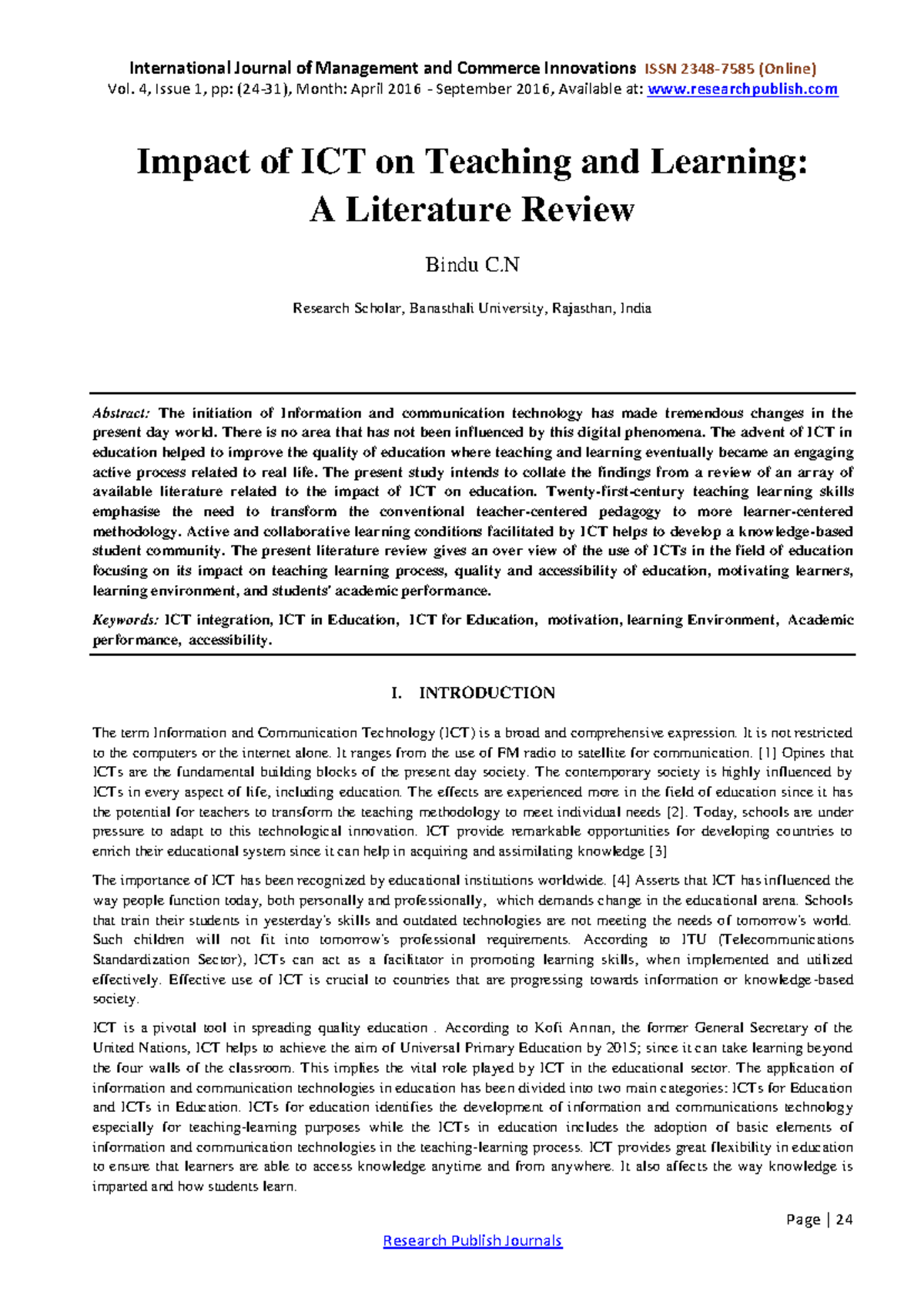Impact of ICT on Teaching & Learning: A Literature Review (Vol. 4 ...