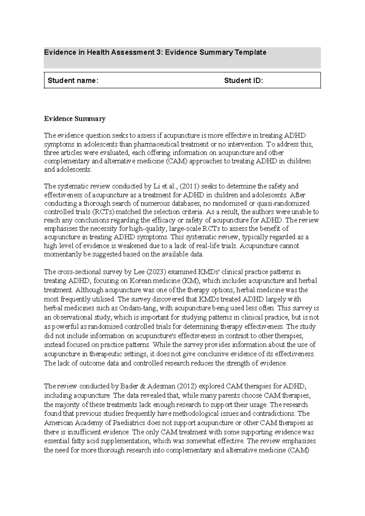 EIH Summary Assessment 3 - Evidence in Health Assessment 3: Evidence ...