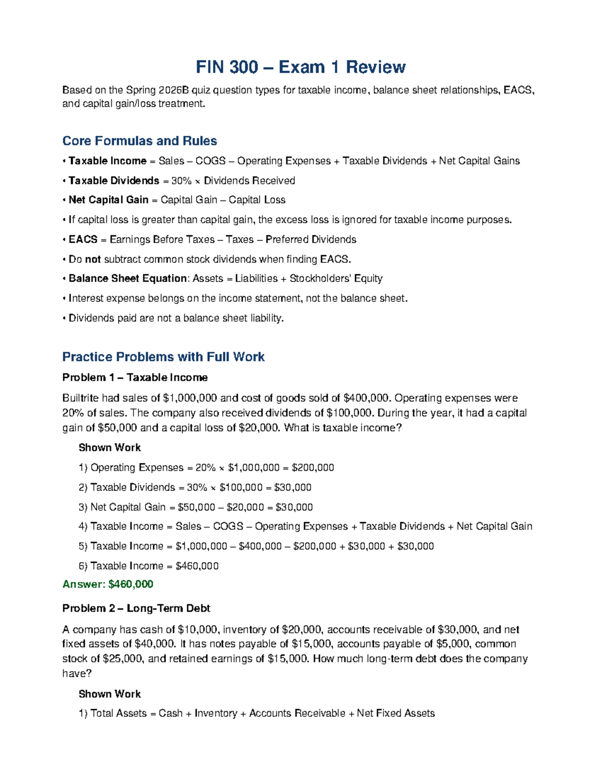 FIN 300 Exam 1 Review: Taxable Income & Balance Sheet Concepts - Studocu
