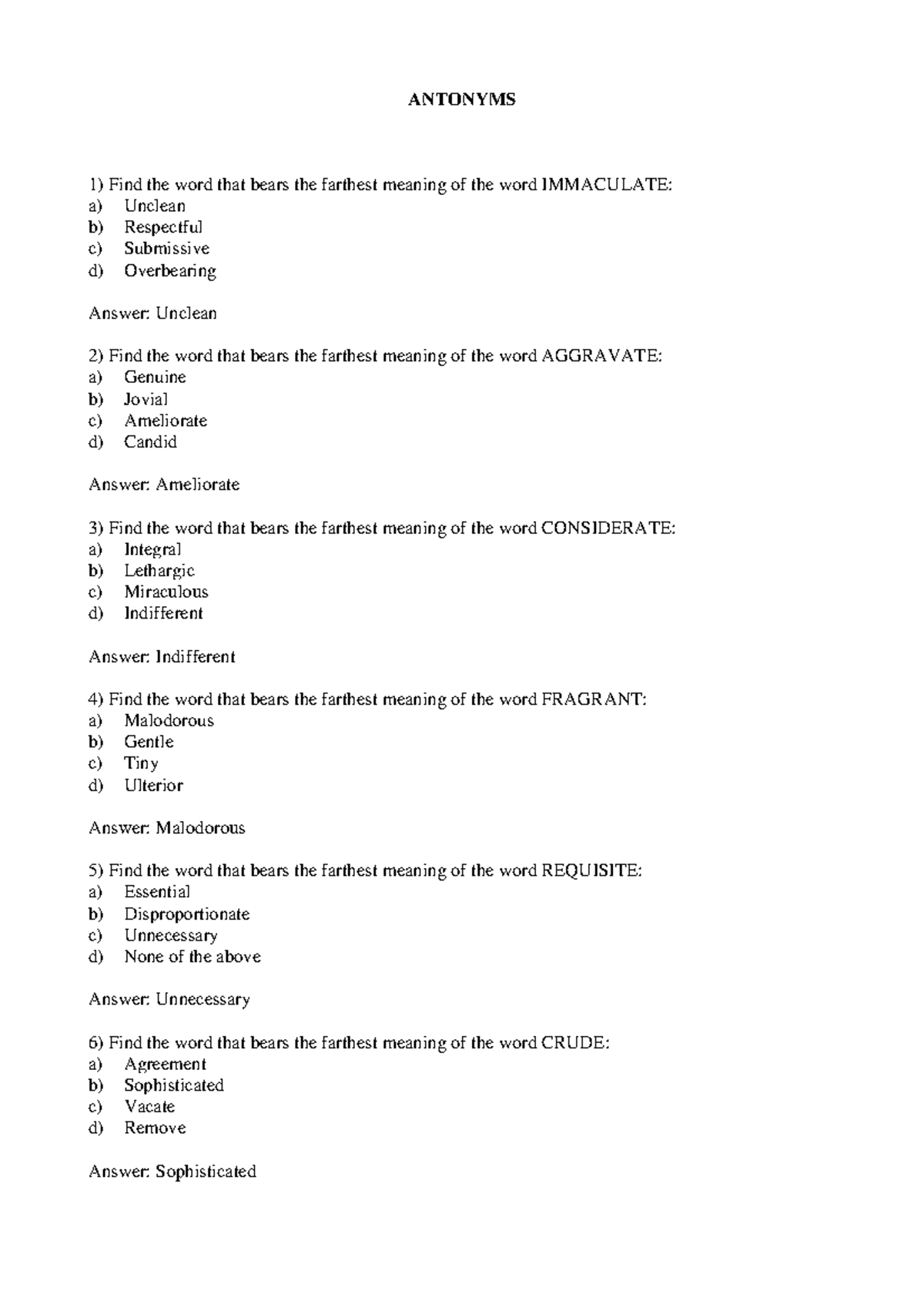 Antonyms Study Guide: Identifying Opposites in Vocabulary - Studocu