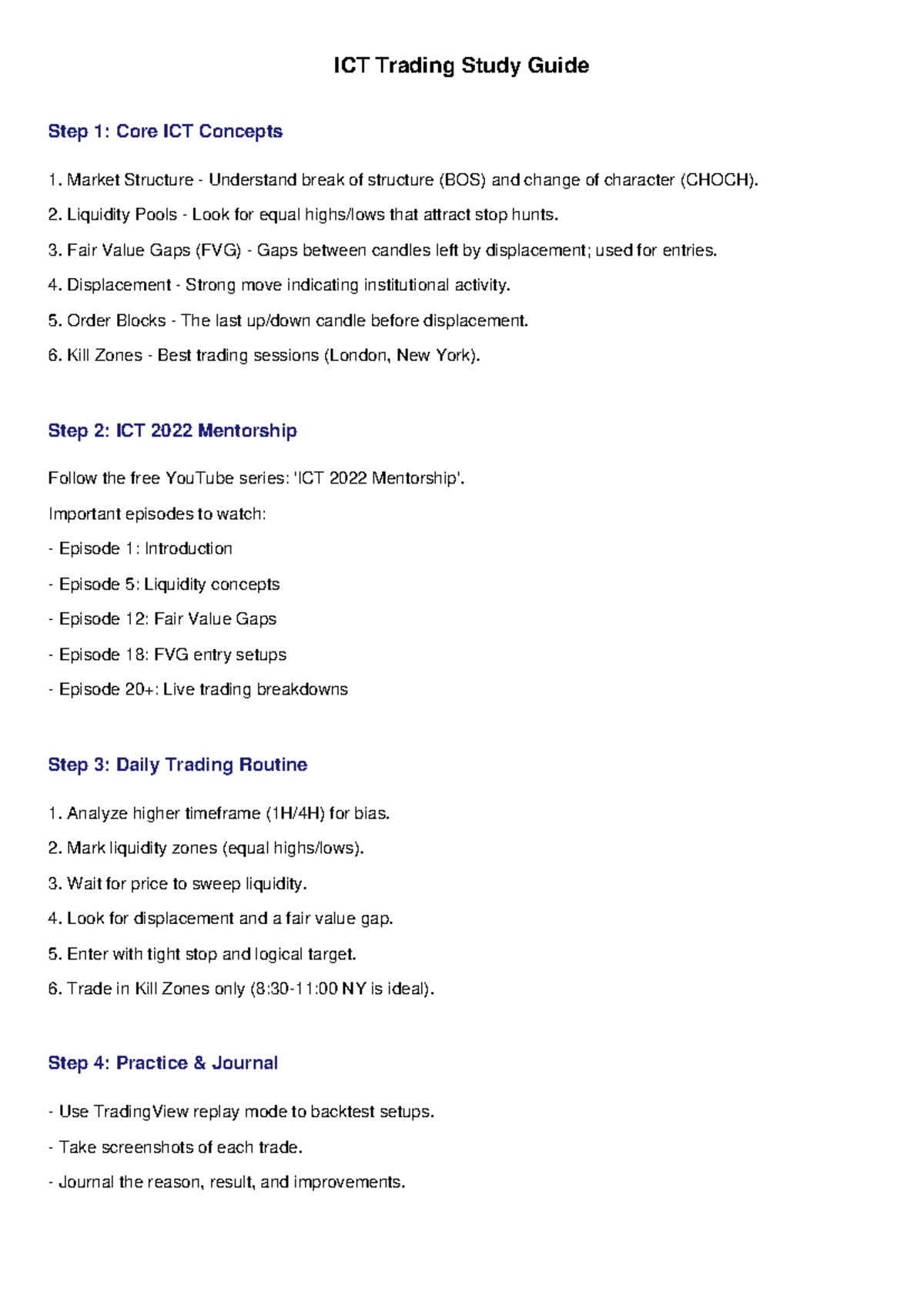 ICT Trading Study Guide: Core Concepts & Daily Routine for Success ...