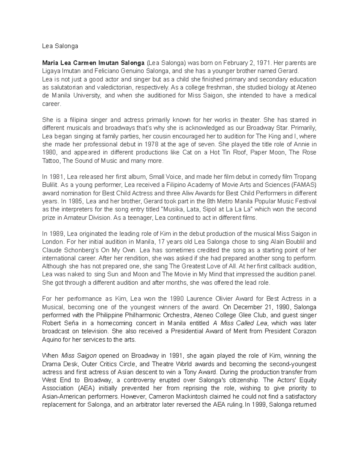 Lea Salonga: A Journey Through Music and Theater Arts - Studocu