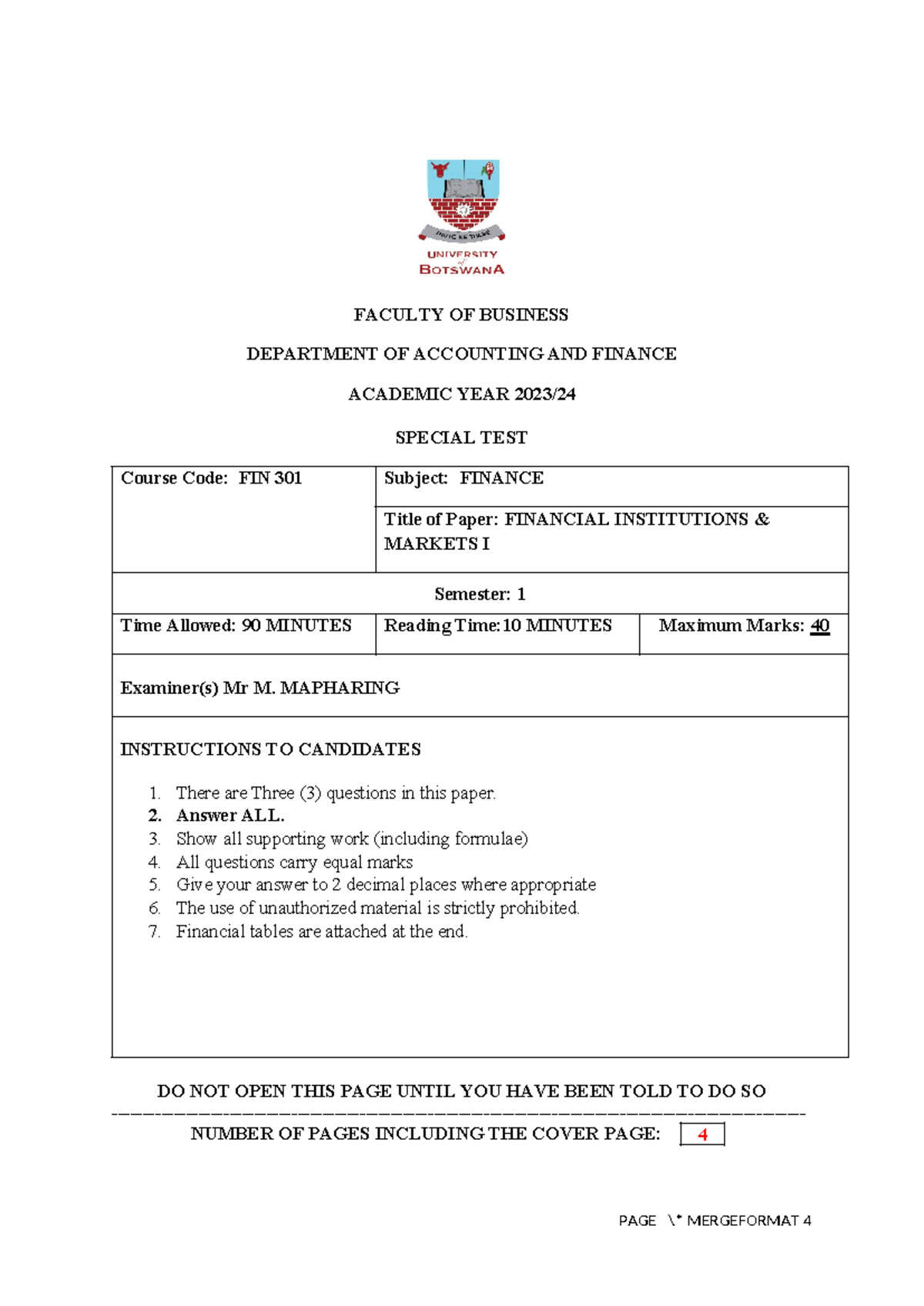 Fin 301 - NOV 2023 - Special Test.docx Moderated - FACULTY OF BUSINESS ...