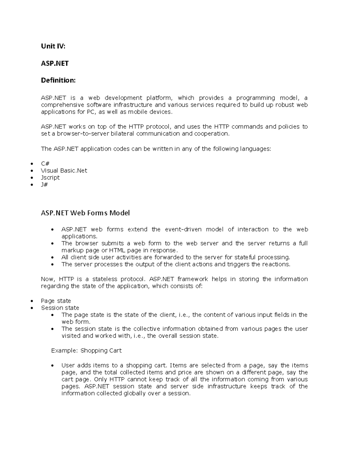 Unit IV: Overview of ASP.NET Web Development Framework - Studocu