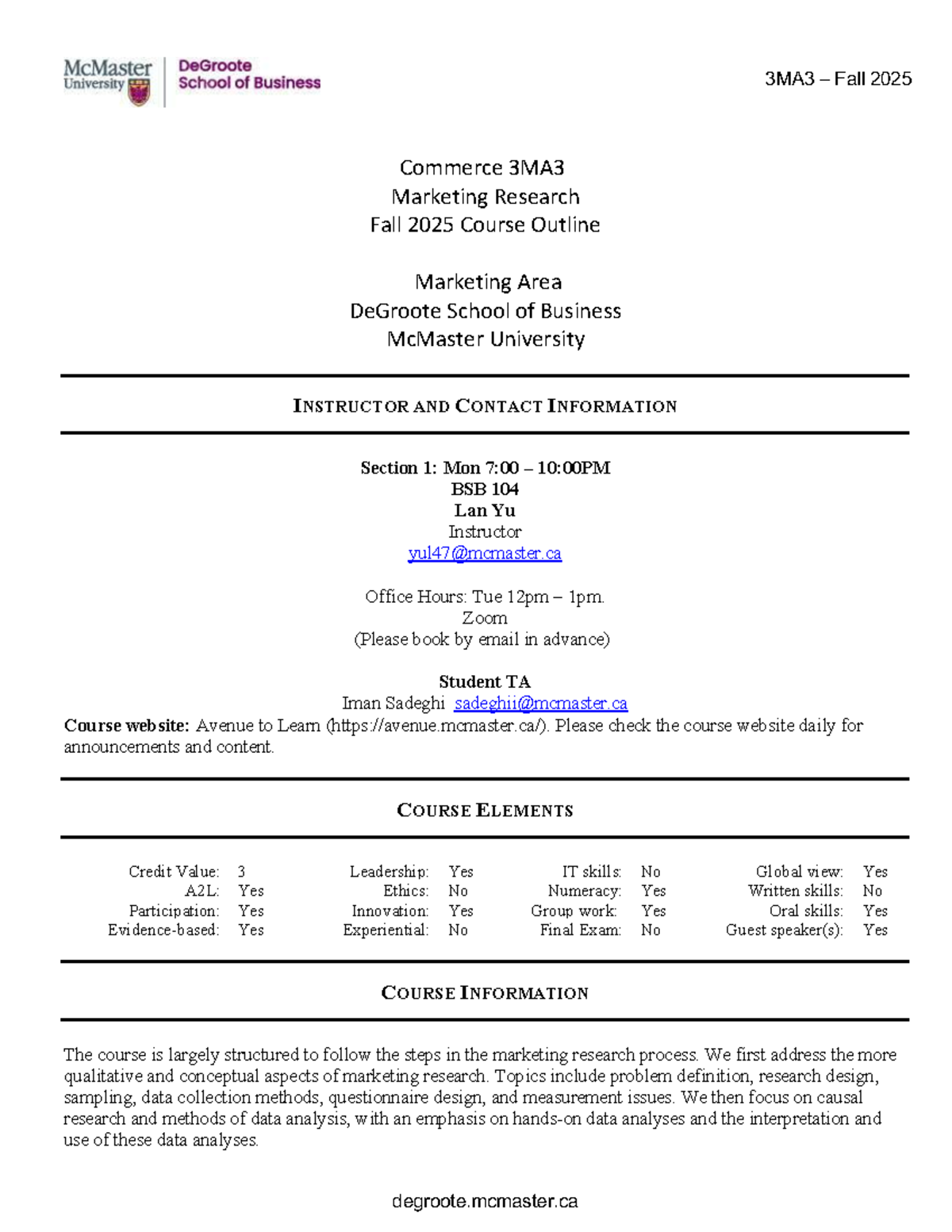 3MA3 Fall 2025 Marketing Research Course Outline - DeGroote School ...