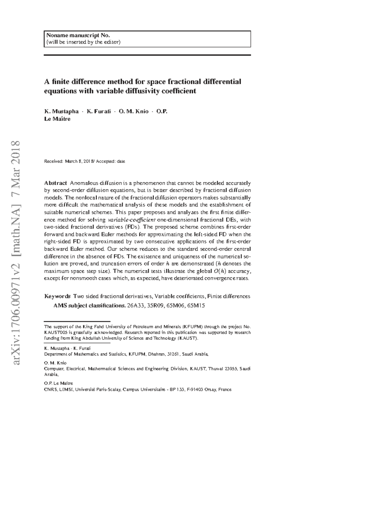 Finite Difference Method for Space Fractional DEs with Variable ...