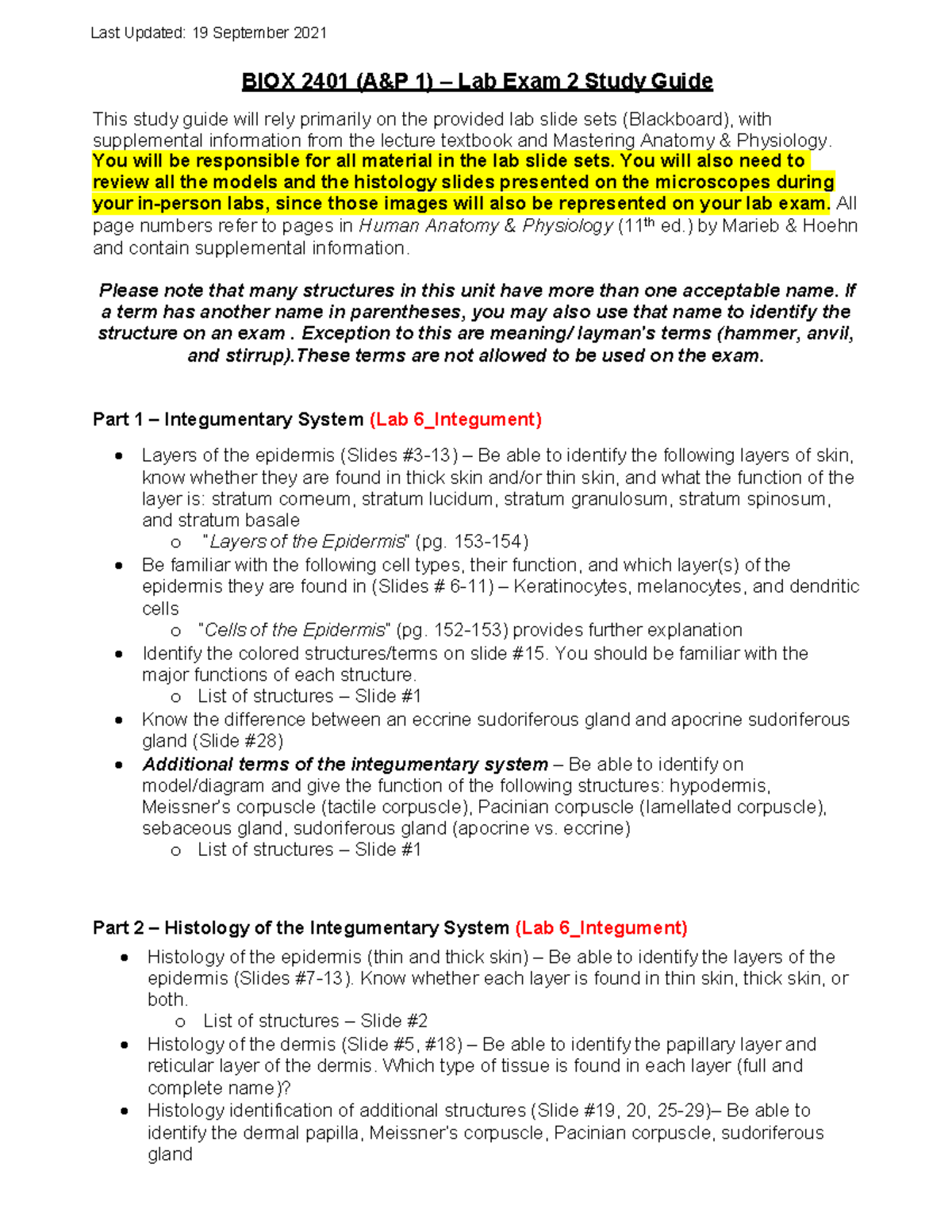 BIOL 2401 Lab Exam 2 Study Guide: Integumentary & Skeletal Systems ...