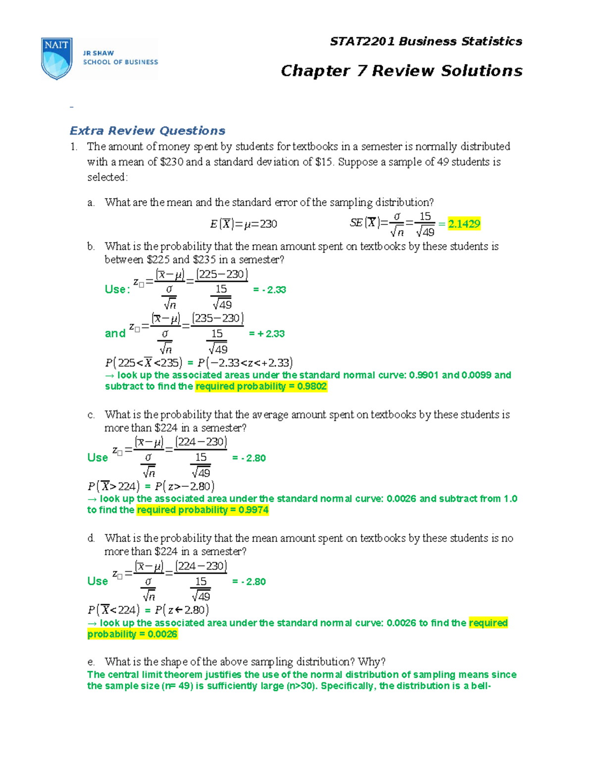 Chapter 7 review answers rev1171 - STAT2201 Business Statistics Chapter ...