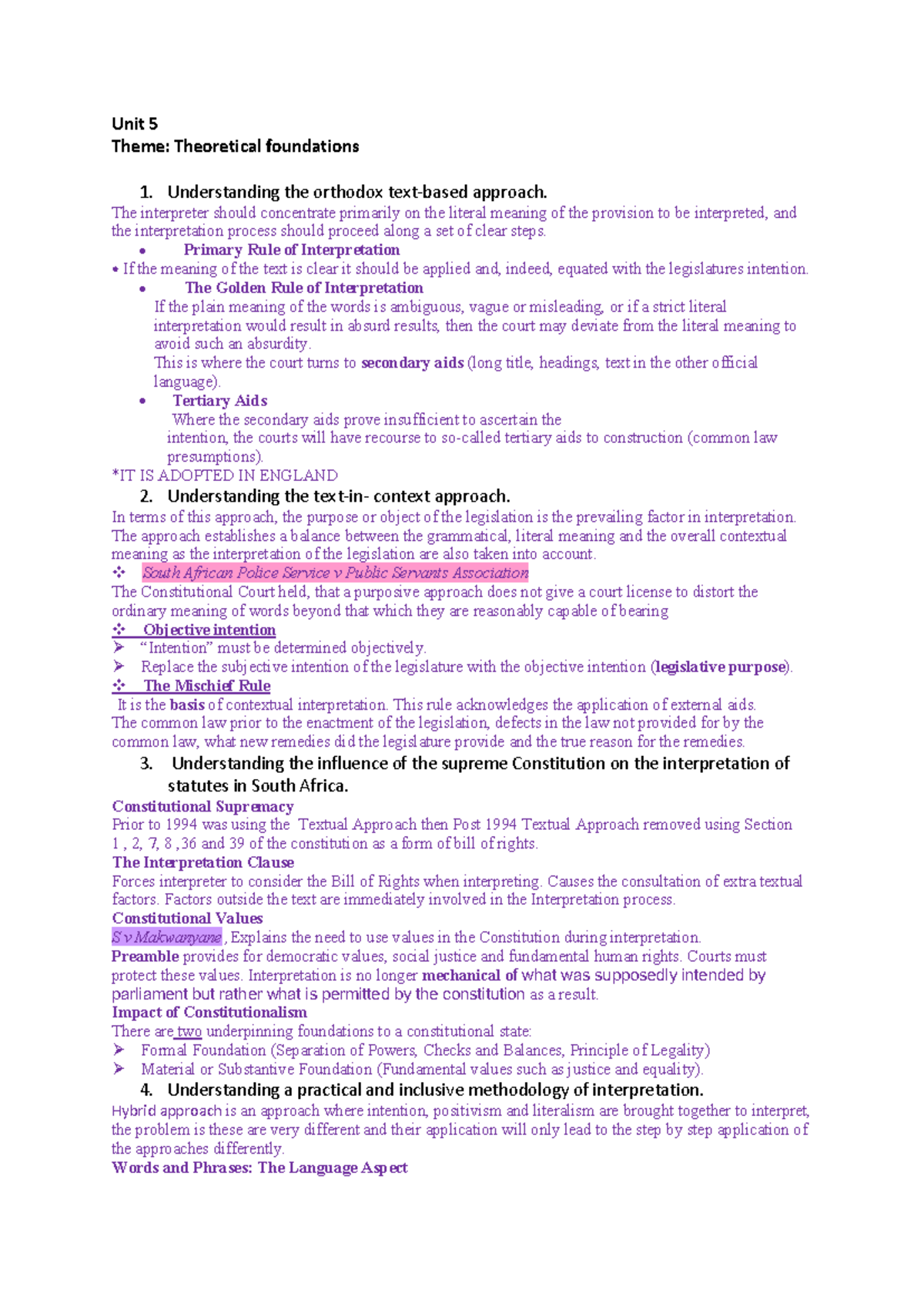 Unit 5 RVW: Theoretical Foundations of Statutory Interpretation - Studocu