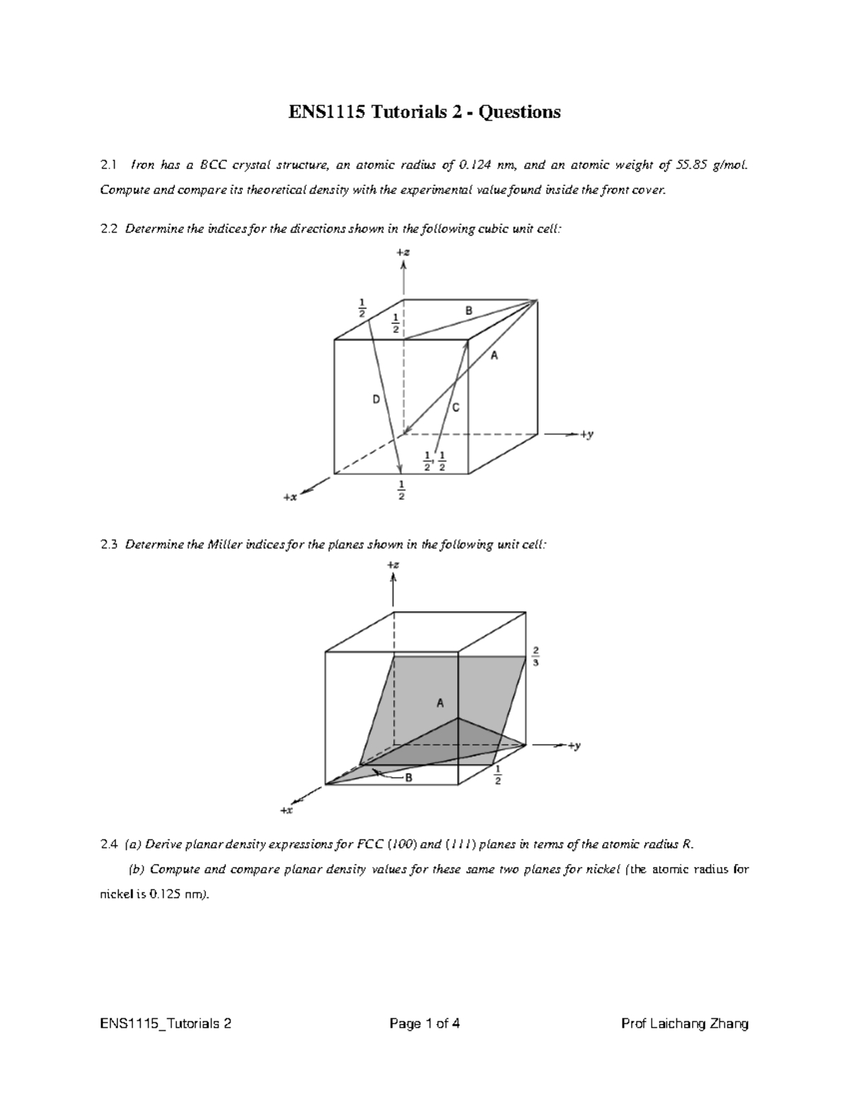 ENS1115 Tutorial 2: Crystal Structure Questions and Calculations - Studocu