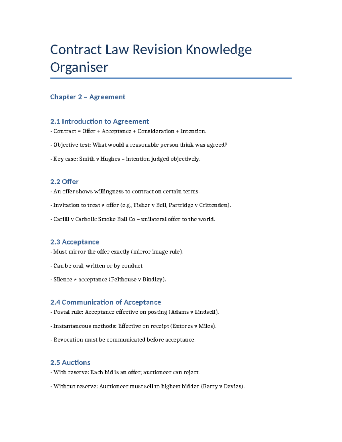 Contract Law Revision Knowledge Organizer: Key Concepts & Cases - Studocu